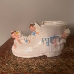 Vintage White Ceramic Baby Shoe with Pink and Blue Accents - Vintage